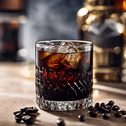 Black Russian cocktail in a rocks glass with vodka, coffee liqueur, and ice.